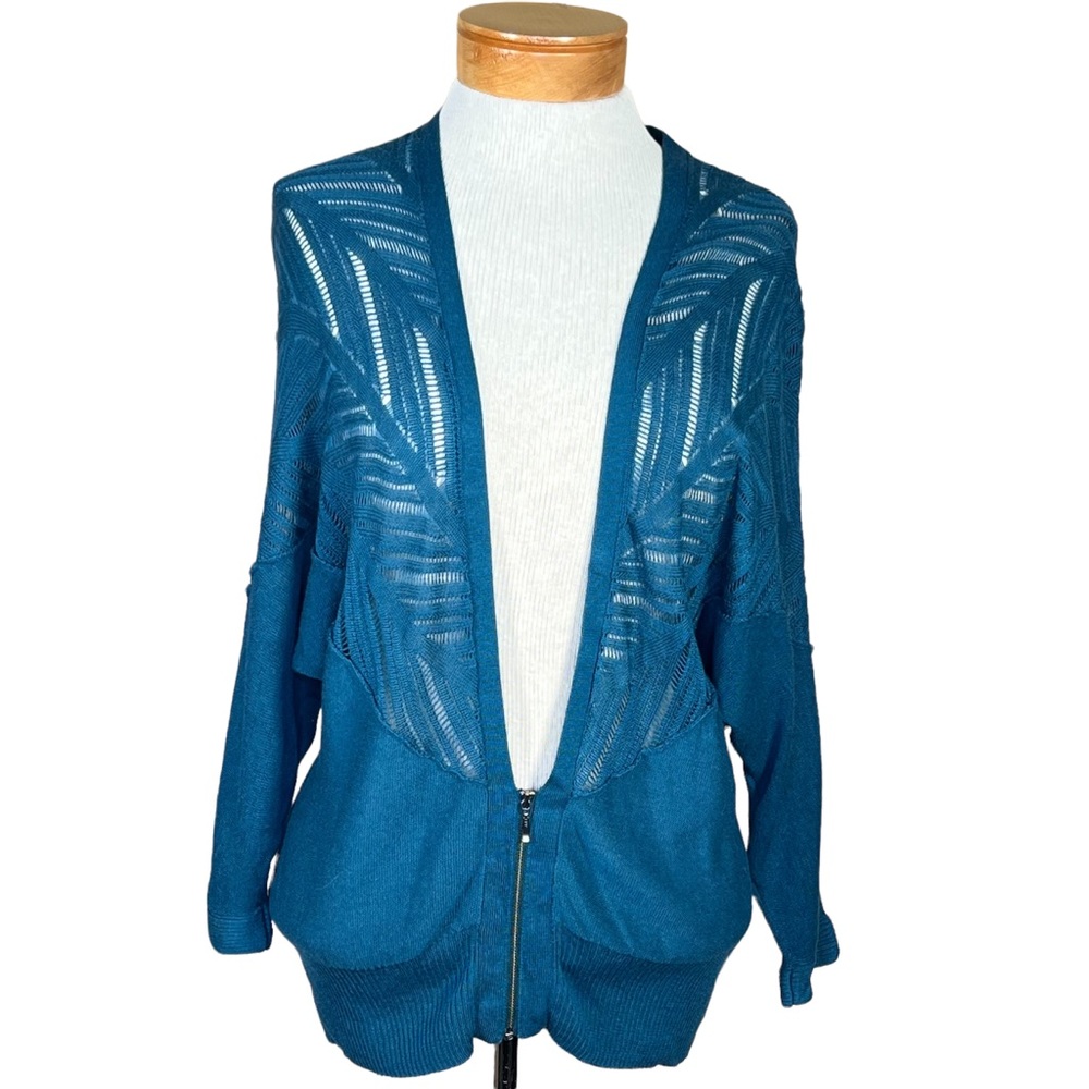 Women’s holistia Deep V-Neck Teal Cardigan With Open Weave Pattern On The Back S